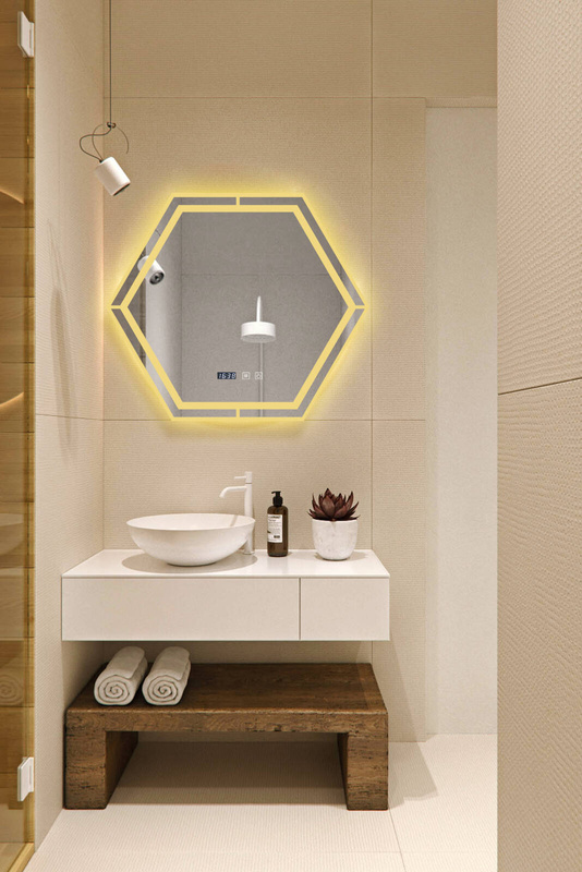 Lustro podświetlane LED 70x70 cm sześciokątne + zegar J3053