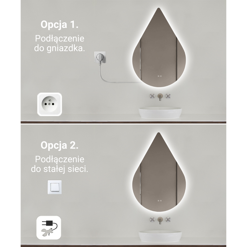 Lustro łazienkowe podświetlane LED asymetryczne dekoracyjne 60x90 cm w kształcie kropli łezki J3009