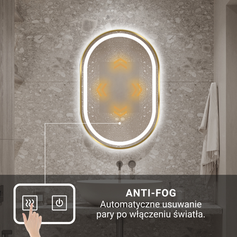 Lustro podświetlane LED 50x75 cm owalne w złotej ramie J3320G