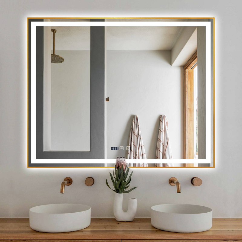 Lustro podświetlane LED 80x120 cm prostokątne w złotej ramie + zegar J046