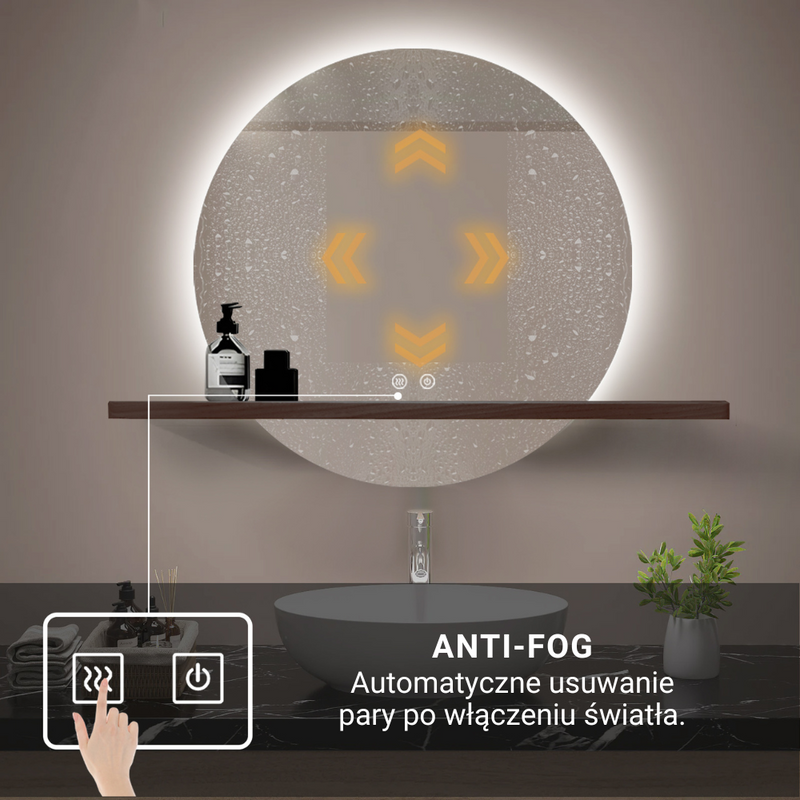Lustro z półką podświetlane LED 60 cm okrągłe z półką drewnianą J490