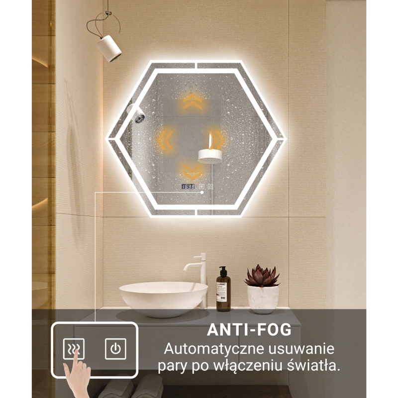 Lustro podświetlane LED 70x70 cm sześciokątne + zegar J3053