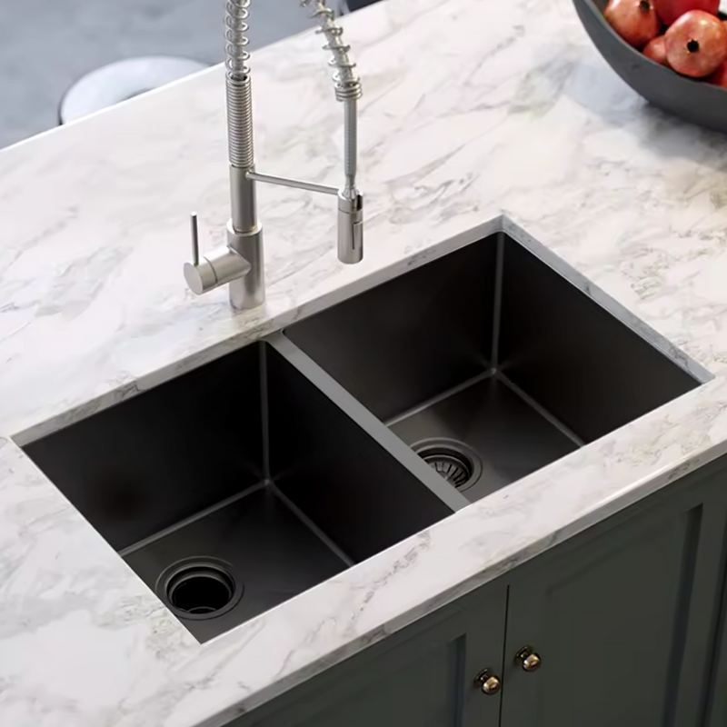 Zlewozmywak stalowy dwukomorowy 80x45 czarny + syfon GRATIS podblatowy, podwieszany