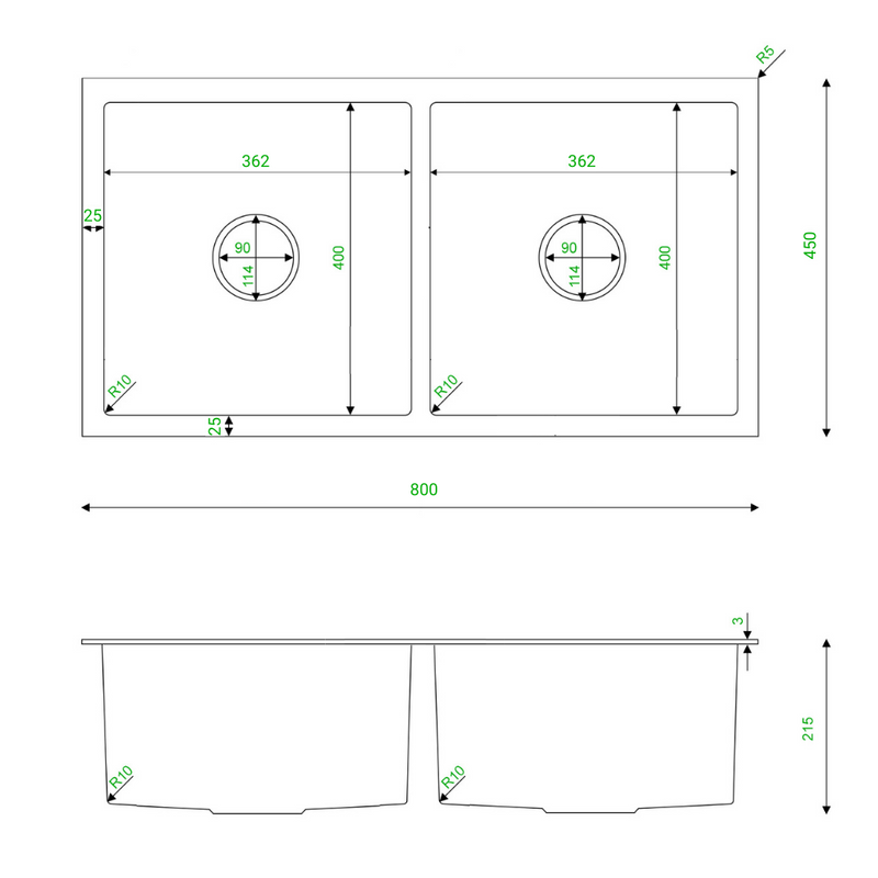 Zlewozmywak stalowy dwukomorowy 80x45 czarny + syfon GRATIS podblatowy, podwieszany