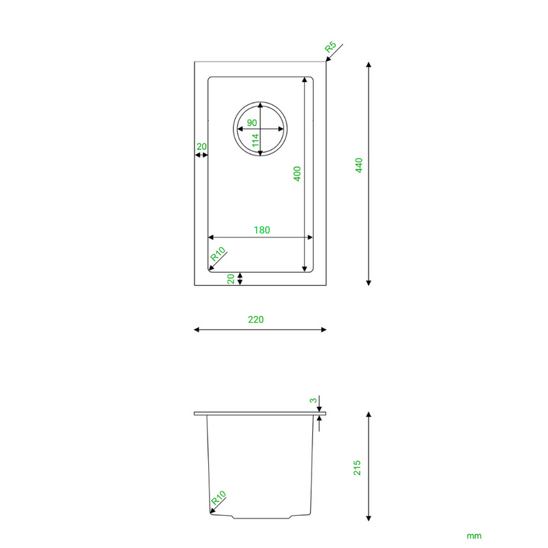 Zlewozmywak stalowy 22x44 czarny + syfon GRATIS podblatowy, podwieszany