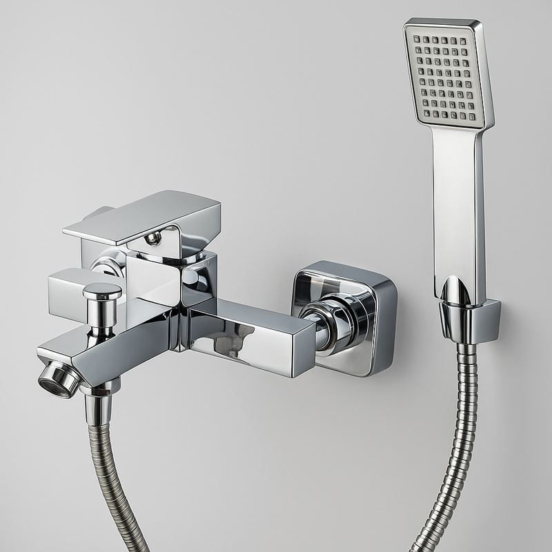 Bateria wannowa kwadratowa ścienna mosiądz zestaw