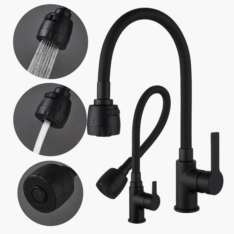 Bateria kuchenna czarna matowa ARCO – kran kuchenny z elastyczną wylewką, obrotowa 360°, 2 strumienie, perlator ECO