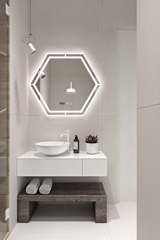 Lustro podświetlane LED 70x70 cm sześciokątne + zegar J3053