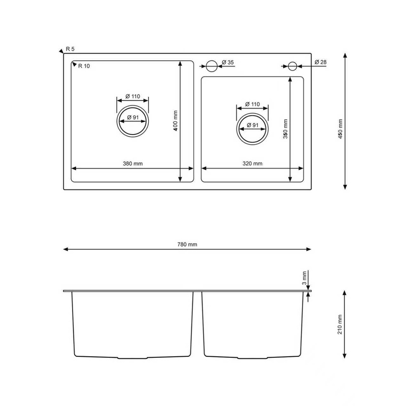 Zlewozmywak stalowy dwukomorowy 78x45 inox + syfon GRATIS