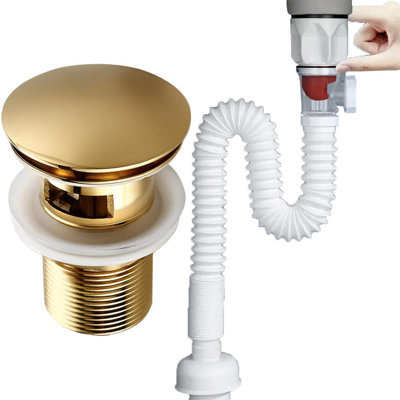 Syfon elastyczny + korek KLIK KLAK złoty z przelewem