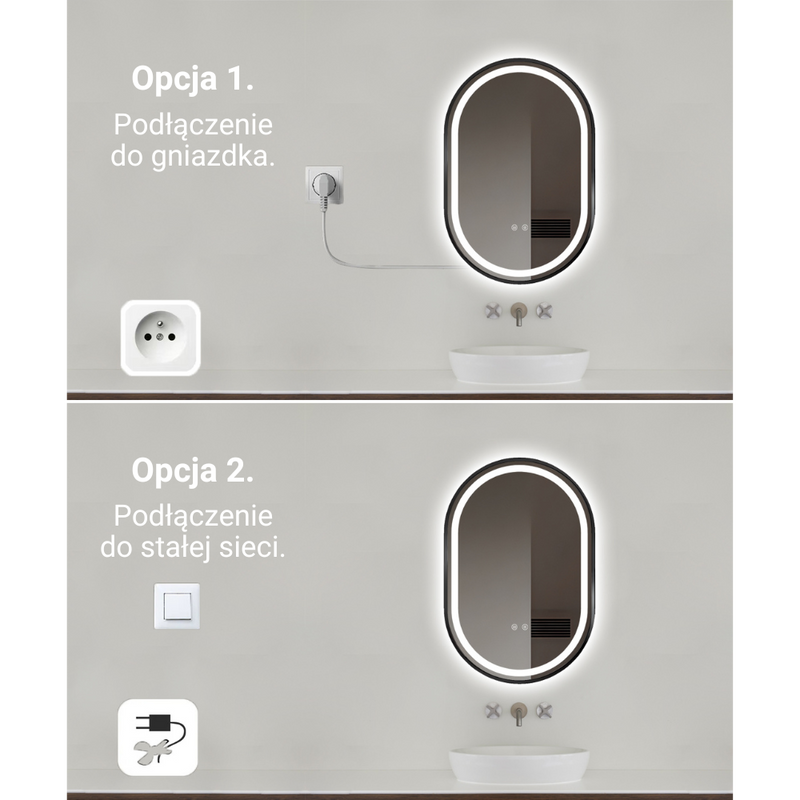 Lustro podświetlane LED 50x75 cm owalne w czarnej ramie J3320B