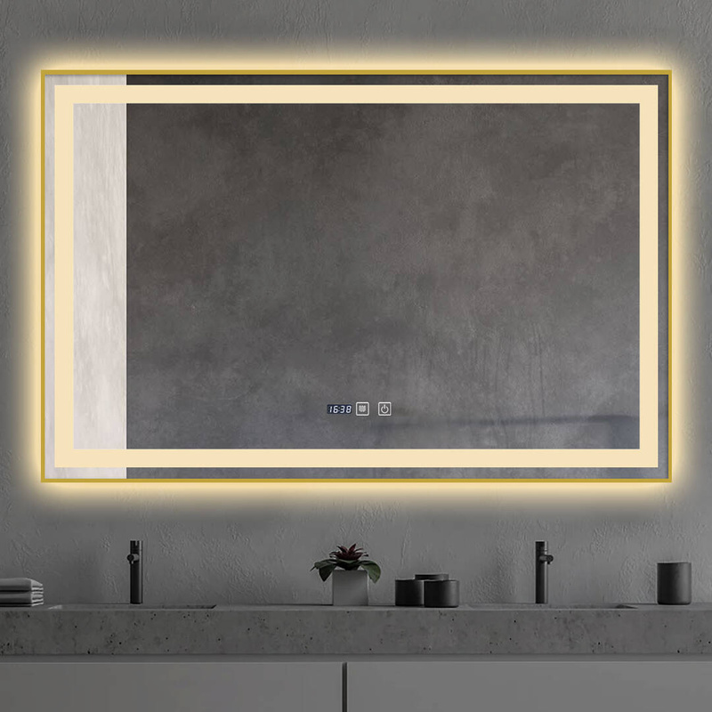 Lustro podświetlane LED 100x65 cm prostokątne w złotej ramie + zegar J121