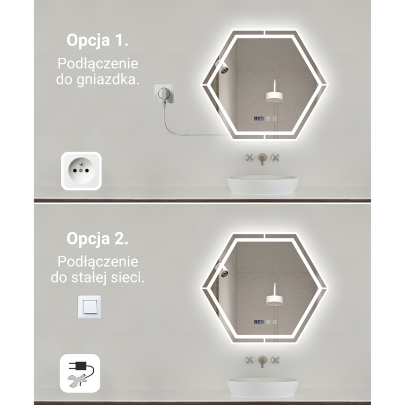 Lustro podświetlane LED 70x70 cm sześciokątne + zegar J3053