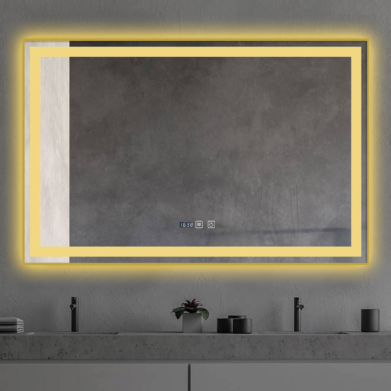 Lustro podświetlane LED 100x65 cm prostokątne w złotej ramie + zegar J121