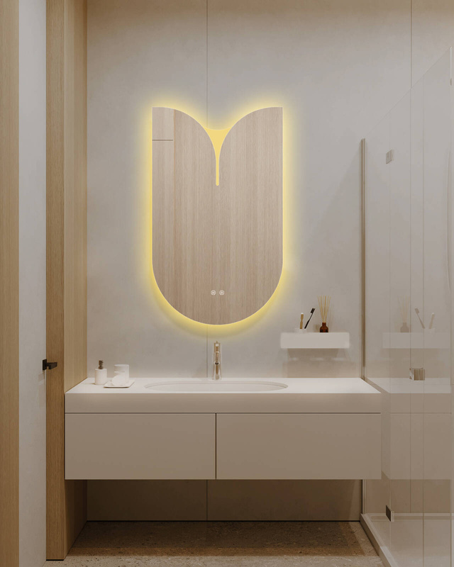 Lustro podświetlane LED asymetryczne dekoracyjne 60x100 cm półowalne z wycięciem J3054