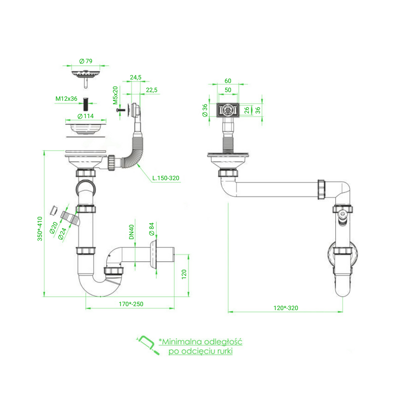 Syfon do zlewozmywaka oszczędzający miejsce z sitkiem i przyłączem do zmywarki biały rurowy PVC