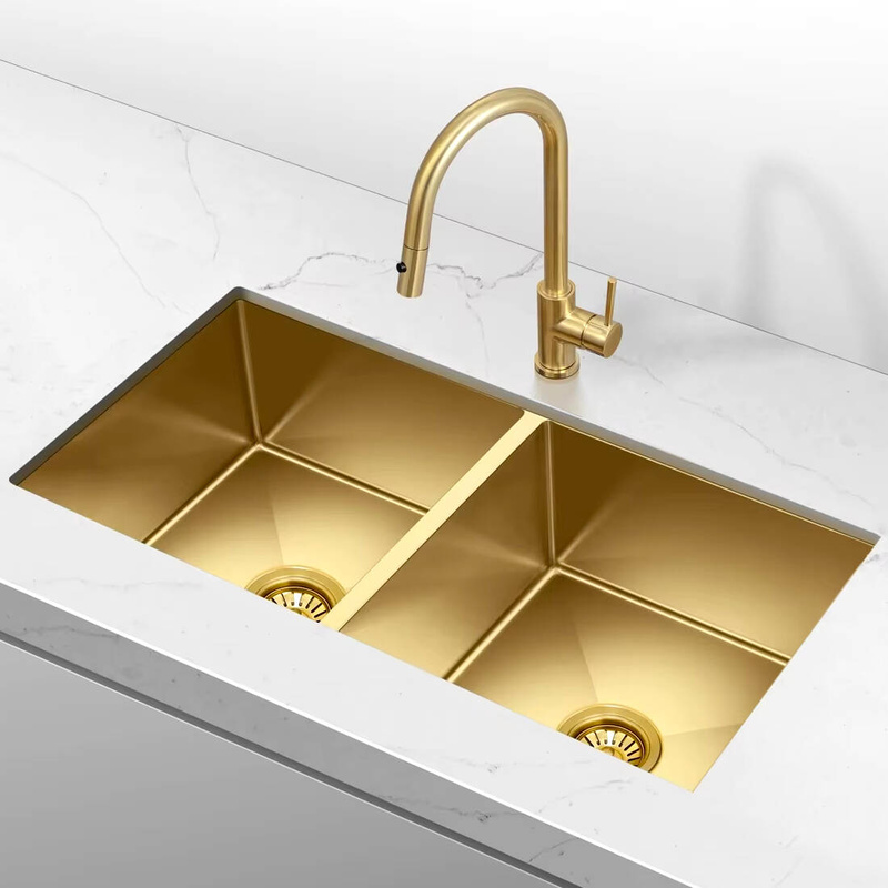 Zlewozmywak stalowy dwukomorowy 80x45 złoty + syfon GRATIS podblatowy, podwieszany