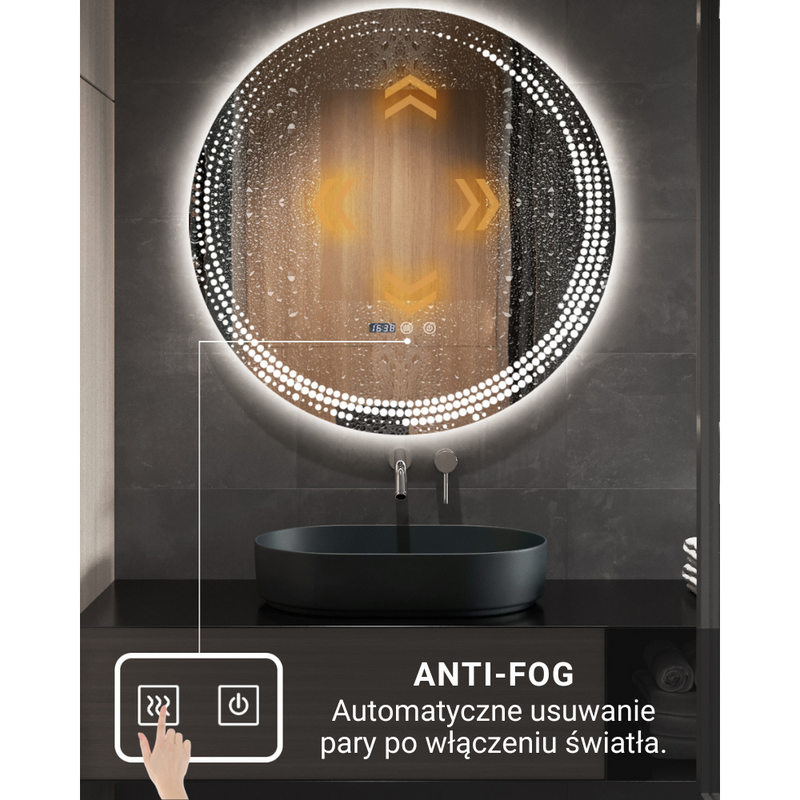 Lustro łazienkowe podświetlane LED dekoracyjne 70 cm okrągłe + zegar J175