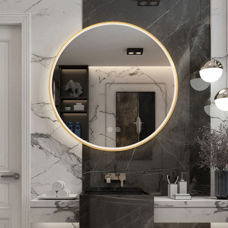 Lustro podświetlane LED 70 cm okrągłe H-2051G ze złotą ramą