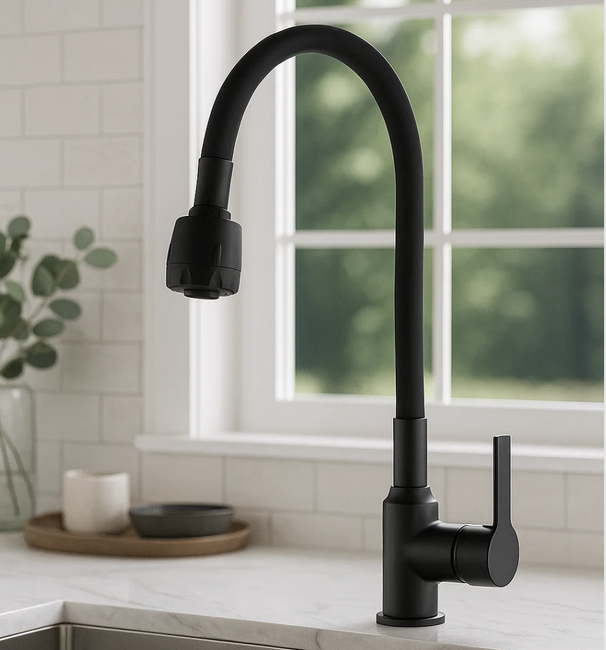 Bateria kuchenna czarna matowa ARCO – kran kuchenny z elastyczną wylewką, obrotowa 360°, 2 strumienie, perlator ECO