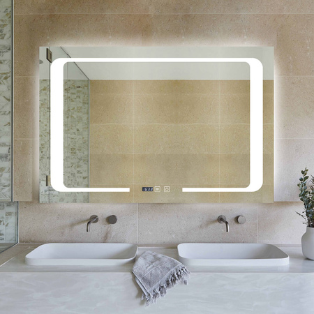 Lustro LED łazienkowe 90x60 prostokątne J16 z zegarem