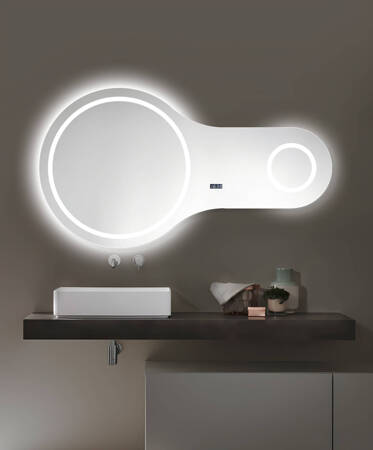 Lustro łazienkowe LED 110x60 cm nieregularne okrągłe + zegar J3012