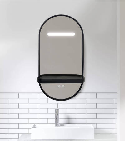 Lustro łazienkowe LED 40x60 cm owalne w czarnej ramie + półka HK-1050