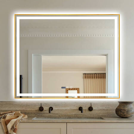 Lustro łazienkowe LED 80x100 cm prostokątne w ramie rose gold + zegar J043